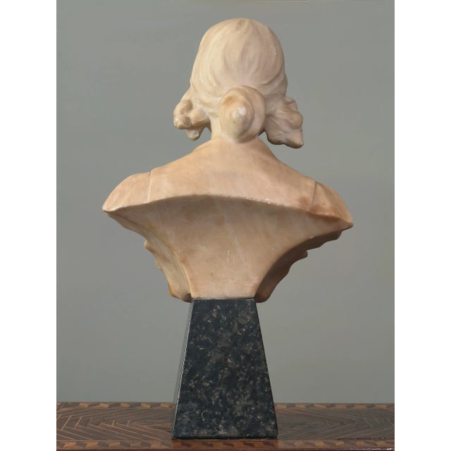 Portraiture Antique Art Nouveau Hand Carved Alabaster Bust of a Young Woman With Marble Stand For Sale - Image 3 of 10