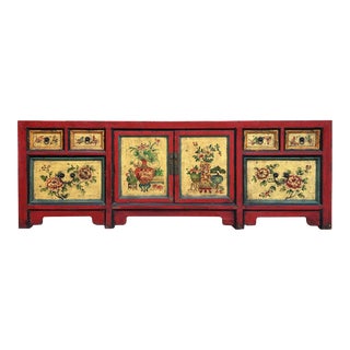 Chinese Distressed Red Cream Flower Graphic Tv Console Table Cabinet For Sale