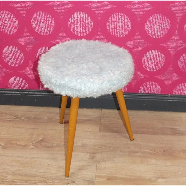 Wood Stool with Filigree Legs & Pastel Blue Fluff Cover For Sale - Image 4 of 9