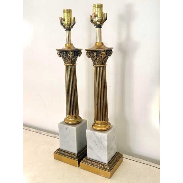 Hollywood Regency Mid 20th Century Italian White Marble and Carved Brass Neoclassical Column Lamps, a Pair For Sale - Image 3 of 11