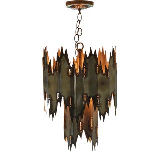 Mid Century Brutalist Cut Brass Hanging Light Fixture by Tom Green for Feldman (Chandelier) For Sale