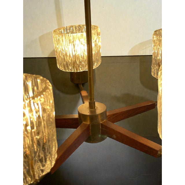 Orrefors Swedish Modern Teak, Brass and Art Glass Chandelier by Carl Fagerlund for Orrefors, 1960s For Sale - Image 4 of 10