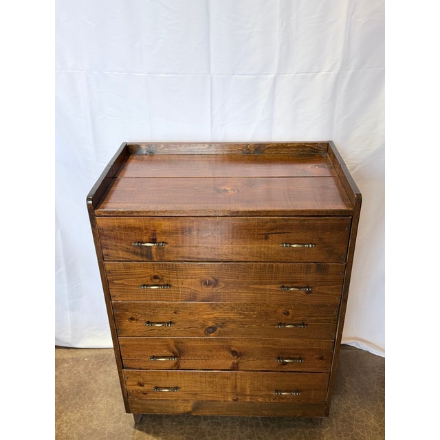 Late 20th Century Solid Heart Pine Rustic Five Drawer Chest With Brass Pulls For Sale - Image 4 of 12