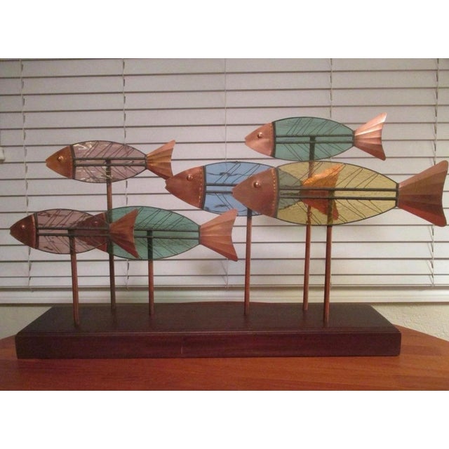 Wood Vintage Leaded Slag Glass and Copper School of Fish Sculpture Styled Alter Curtis Jere For Sale - Image 7 of 10