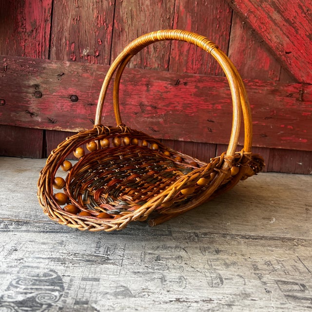 Vintage Gathering Basket With Decorative Bead Accents Wicker & Wood For Sale - Image 10 of 10