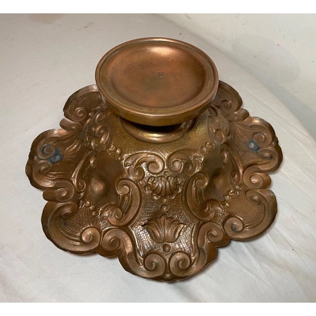 Antique Ornate Hand Tooled Hammered Footed Copper Centerpiece Fruit Bowl Basket For Sale - Image 12 of 12