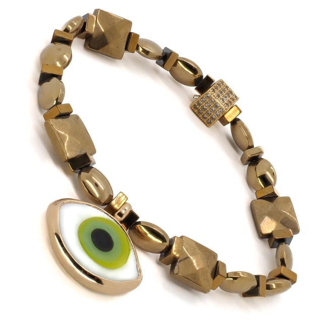 Contemporary Vitality Green Evil Eye Gold Hematite Stone Bracelet For Sale - Image 3 of 6