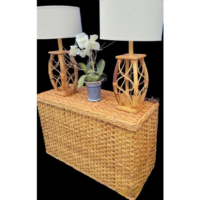 1980s Vintage Tall Rattan Coastal Regency Bamboo Table Lamps- a Pair For Sale - Image 5 of 6