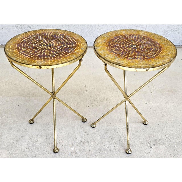 Italian Gold Gilt Folding Mosaic Side Drink Tables 1960s Pair For Sale - Image 11 of 16