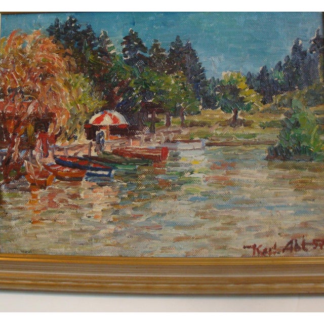 Midcentury oil painting on board by listed German artist Karl Abt (1899-1985), signed and dated 1957 at lower right. Abt's...