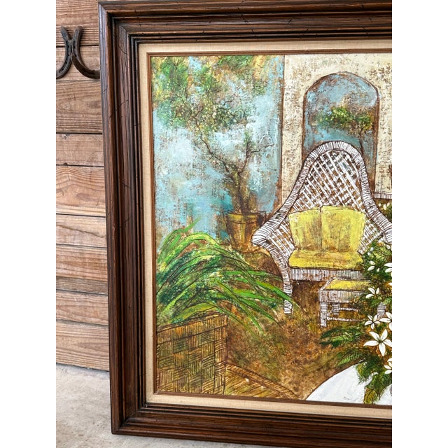 Vintage Coastal Boho Veranda Still Life Wood Framed Oil Painting on Canvas Signed For Sale - Image 4 of 12