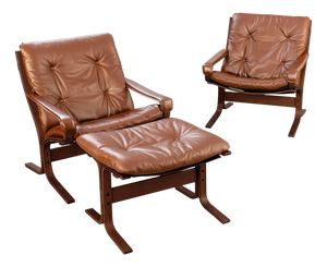 Vintage Siesta Chairs and Ottoman in Cognac Leather and Plywood by Ingmar Relling for Westnofa, 1960s, Set of 3