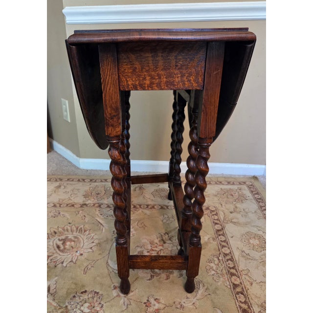 English Antique English Table Drop Leaf Gateleg Barley Twist Oak Medium End Table Oval For Sale - Image 3 of 17