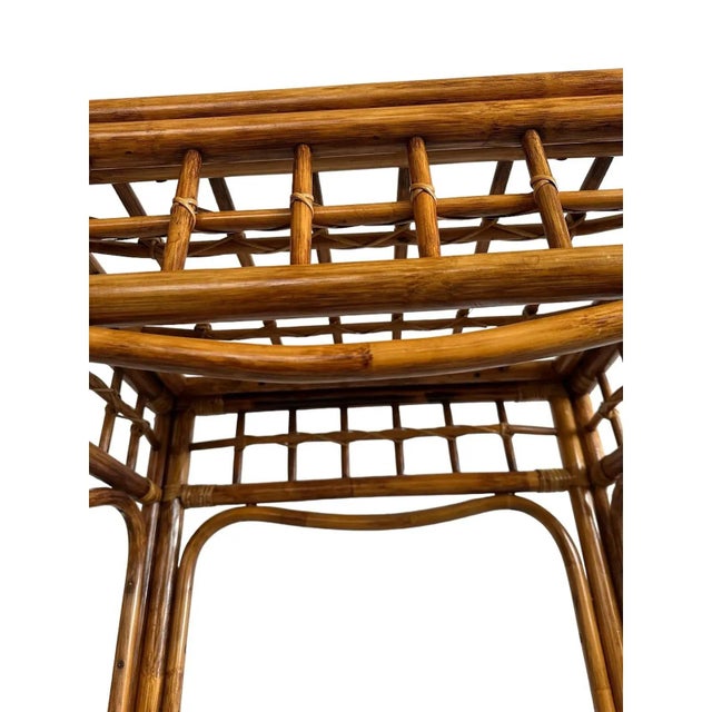 Chocolate Mid 20th Century Pair of Vintage Rattan and Bentwood Glass Top Side Tables - In the Style of Franco Albini For Sale - Image 8 of 11