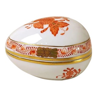 Herend Hungary Egg Trinket Box Chinese Bouquet Orange Apponyi Orange Hungarian Porcelain Handcrafted Chinoiserie Grandmillenial Decor For Sale