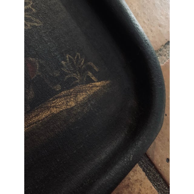 Metal Large Antique 19th Century English Naive Chinoiserie Rolled Rim Painted Rectangular Tole Tray in Black & Gold For Sale - Image 7 of 12
