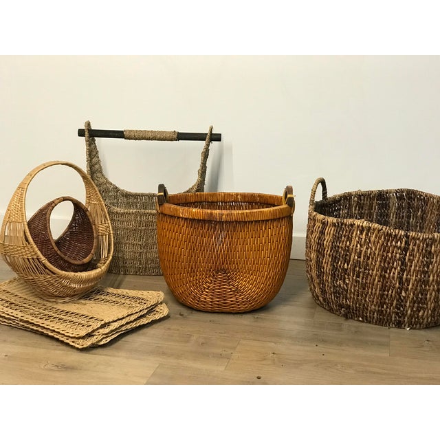 Mid20th Century Woven Reed Basket With Wood Handles Chairish