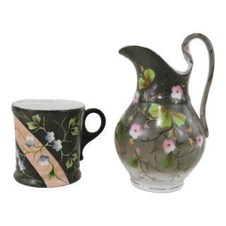 Victorian Vintage Hand-Painted Porcelain Pitcher & Cup Set – Floral Art Nouveau Design For Sale