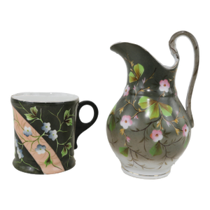 Victorian Vintage Hand-Painted Porcelain Pitcher & Cup Set – Floral Art Nouveau Design