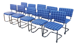 Vintage Chrome Cantilever Chairs with Blue Checkered Upholstery, 1970s, Set of 10