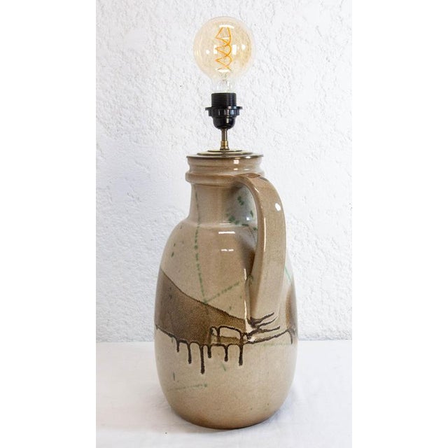 German Glazed Terracotta and Brass Table Lamp with Handle, 1970 For Sale - Image 3 of 13