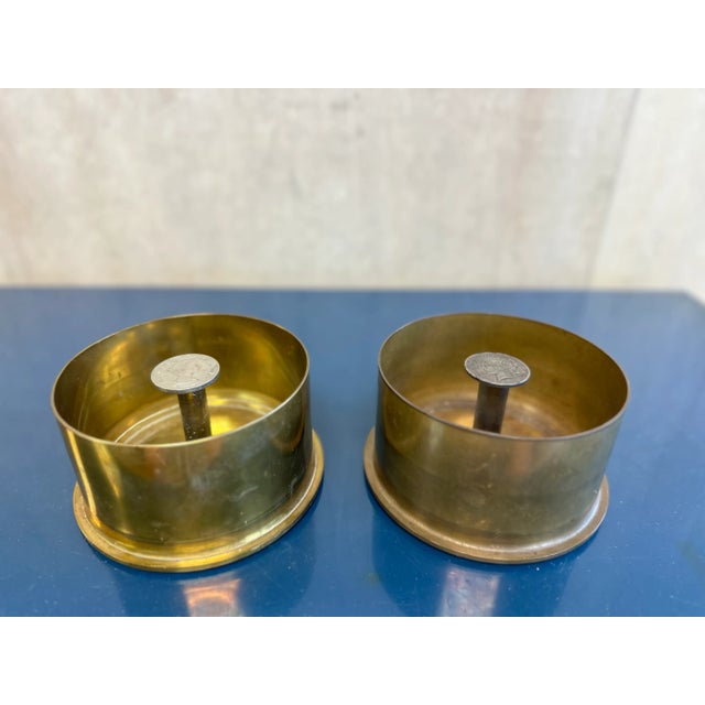 Nautical Early 20th Century Pair of Trench Art Catchalls or Ashtrays of Brass Artillery Shell Casings With Coins For Sale - Image 3 of 11