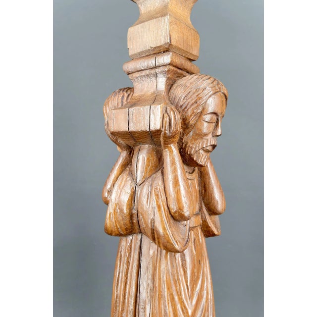 Wood Gothic Revival Medieval Style Pilaster Lamp in Carved Oak, France, 20th Century For Sale - Image 7 of 10