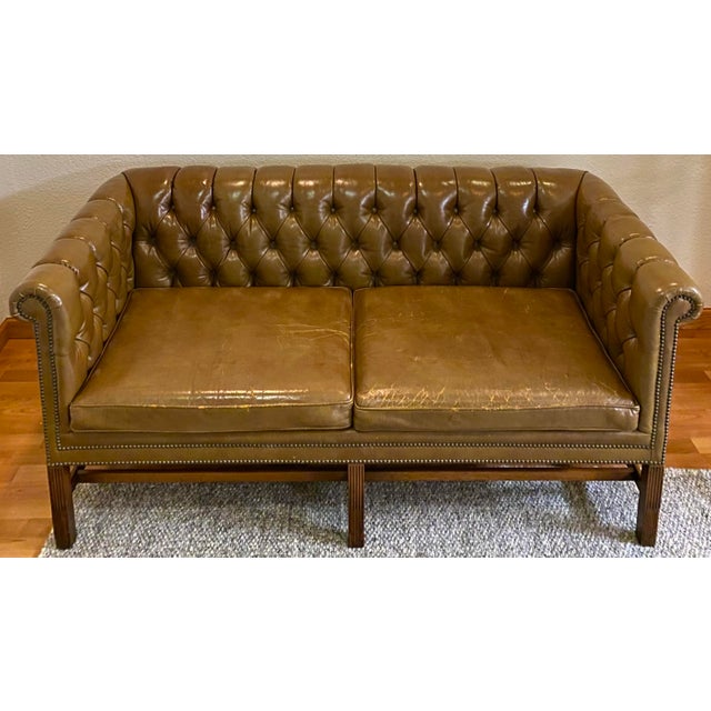 Kittinger Leather Tufted Chesterfield Loveseat Sofa in Deep Olive Green