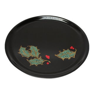 Mid-Century Black Resin Inlaid "Holly and Berry" Christmas Plate by Couroc For Sale