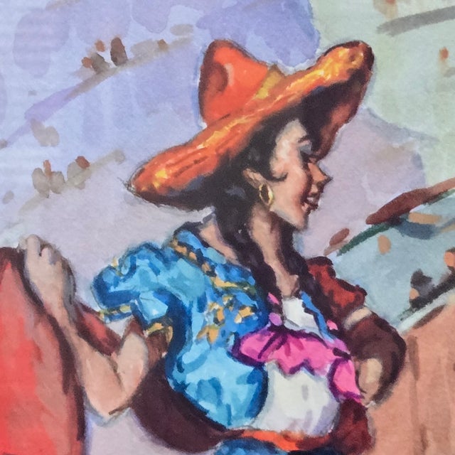 Red Lorenzo Castñeda 2010 "La Fiesta" Framed Watercolor 23"h X 19"w Beautiful Colorful Western Piece For Sale - Image 8 of 13