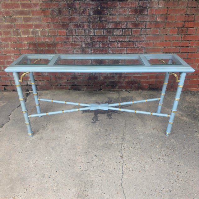 Chinoiserie Vintage French Blue and Gold Faux Bamboo Console Table Attributed to Lane Altiavista Newly Painted - Dorothy Draper Style For Sale - Image 3 of 11