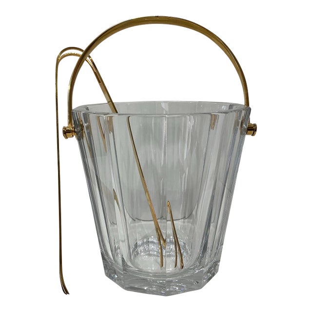 Vintage Baccarat Crystal Ice Bucket With Gold-Tone Handle & Tongs For Sale