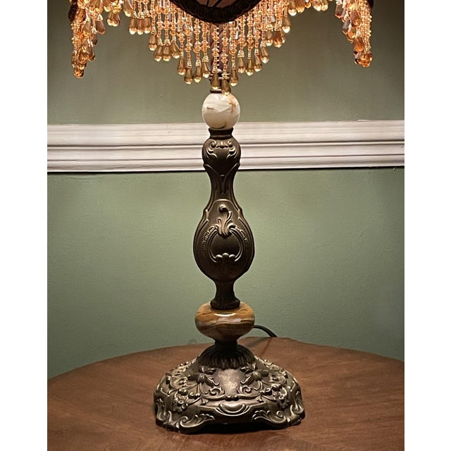 Metal Vintage Victorian Revival Table Lamp Heavy Brass Stone Base Amber Fringe Shade For Sale - Image 7 of 16