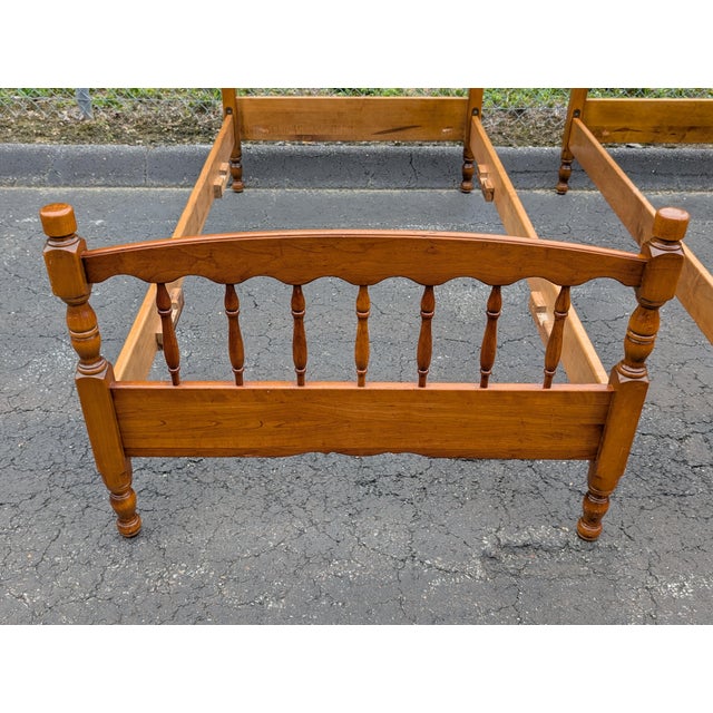 Brown Mid 20th Century Stickley American Colonial Carved Cherry Wood Twin Size Spindle Bedframe, Pair For Sale - Image 8 of 18