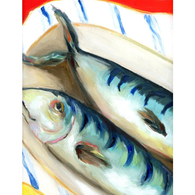 Wood Mid-Century Modern "Two Fish and Lemons" Vintage Style Still Life Oil Painting by Alexandra Swistak, Framed For Sale - Image 7 of 9