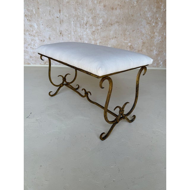 Vintage Mid Century Spanish Gilt Iron Bench With Ornate Base For Sale In New York - Image 6 of 12
