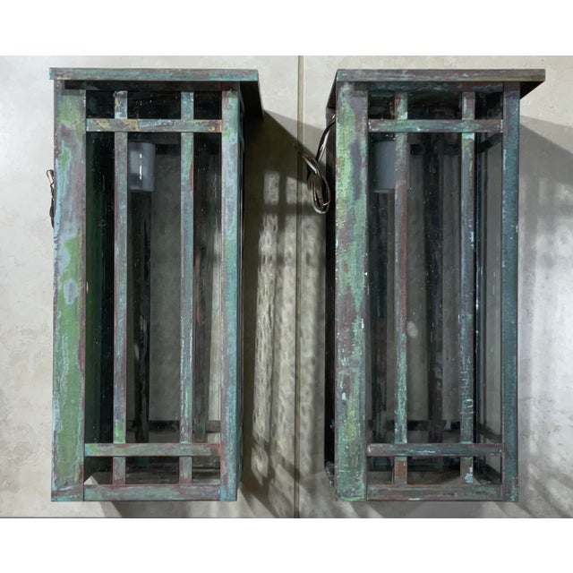 American Pair of Solid Handcrafted Wall-Mounted Brass Lantern 15”h X 8”w X 7”d For Sale - Image 3 of 11