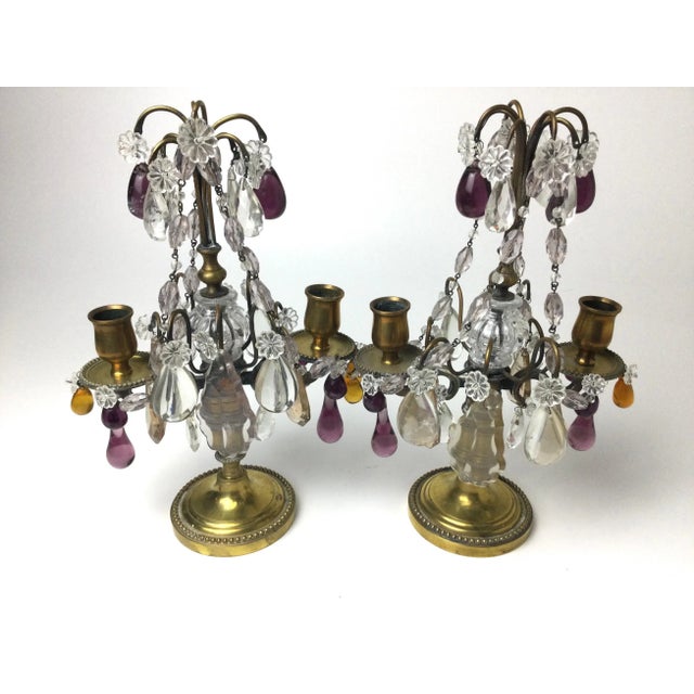 Brass Early 20th Century Clear Amethyst & Amber Crystal Girandole Candelabras - A Pair For Sale - Image 8 of 10