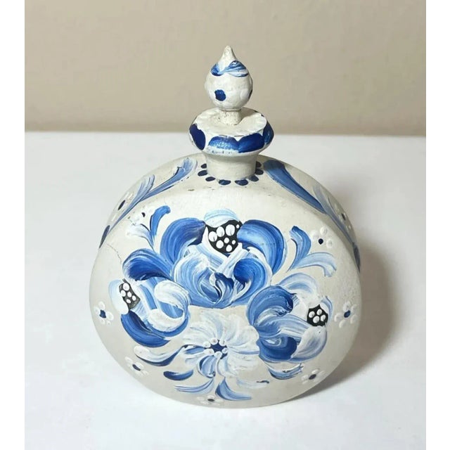 Late 19th Century Late 19th Century European Folk Art Delft Style Blue White Floral Painted Wood Perfume Flask Bottle For Sale - Image 5 of 10