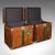 This is a late vintage pair of luggage cases. An English, leather and brass bedside nightstand, or occasional tables with...