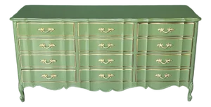 1970s French Provincial Green Lacquered Dresser of Twelve Drawers