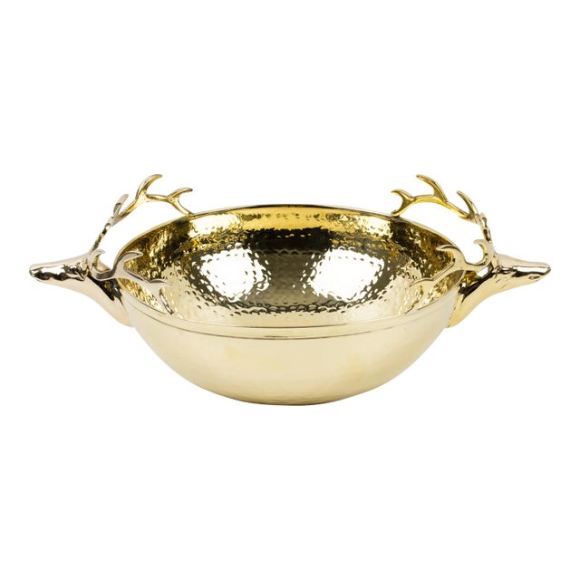 Large Gilded Brass Centerpiece Bowl With Stag Heads Handles For Sale