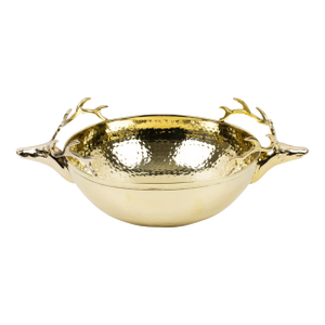 Large Gilded Brass Centerpiece Bowl With Stag Heads Handles
