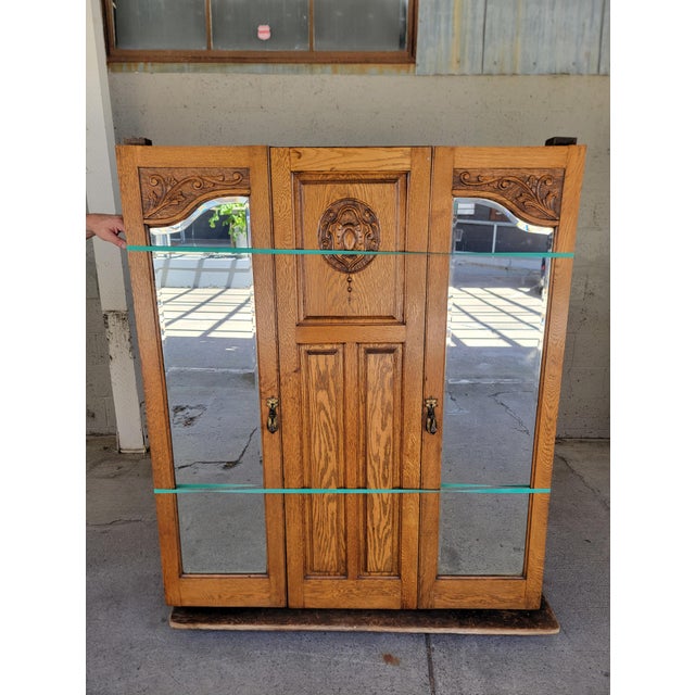 Antique Armoire / Wardrobe English Oak With Beveled Mirror Doors For Sale - Image 13 of 18