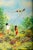 A joyful original enamel on copper by Louis Cardin depicting two children flying a kite amid a colorful flower-filled...