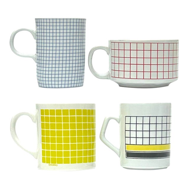 Vintage Grid Pattern Ceramic Mug Curation - Group of 4. For Sale
