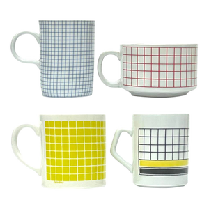 Vintage Grid Pattern Ceramic Mug Curation - Group of 4.