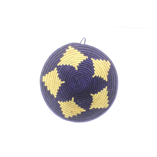 African 1980s Vintage African Coiled Straw Basket Purple Blue Beige Hand Woven Wall Basket For Sale - Image 3 of 6