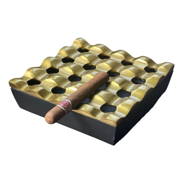 Black and Gold Sculptural Cigar Ashtray with Brass-Tone Finish For Sale