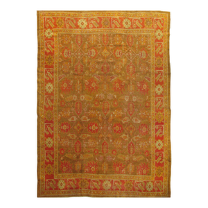 Antique Oushak Carpet, Oriental Rug, Handmade Green, Saffron, Ivory and Coral
